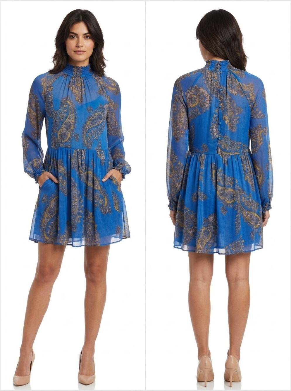 Free People Blue Paisley Mock Neck Sheer Long Sleeve Dress Women Size XS